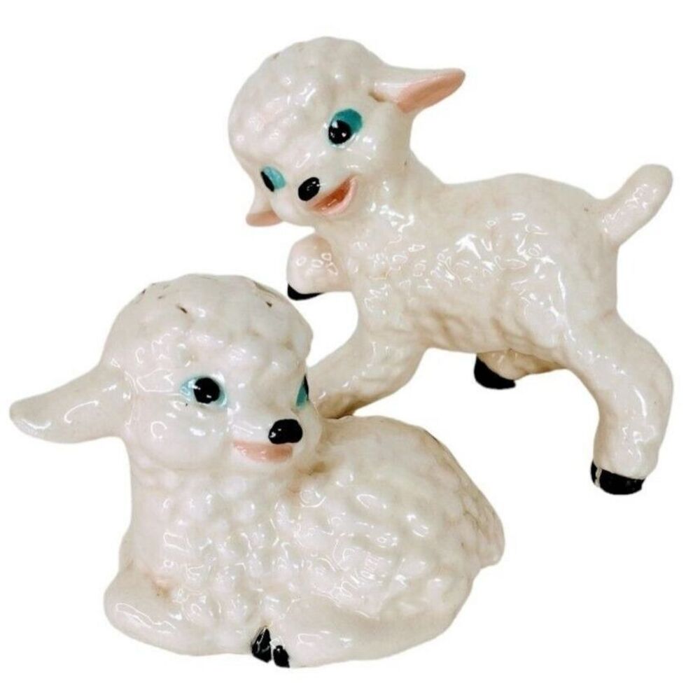 VTG 50s Porcelain Farmhouse Animals Lamb Figurines Big Blue Eyes Nursery Easter